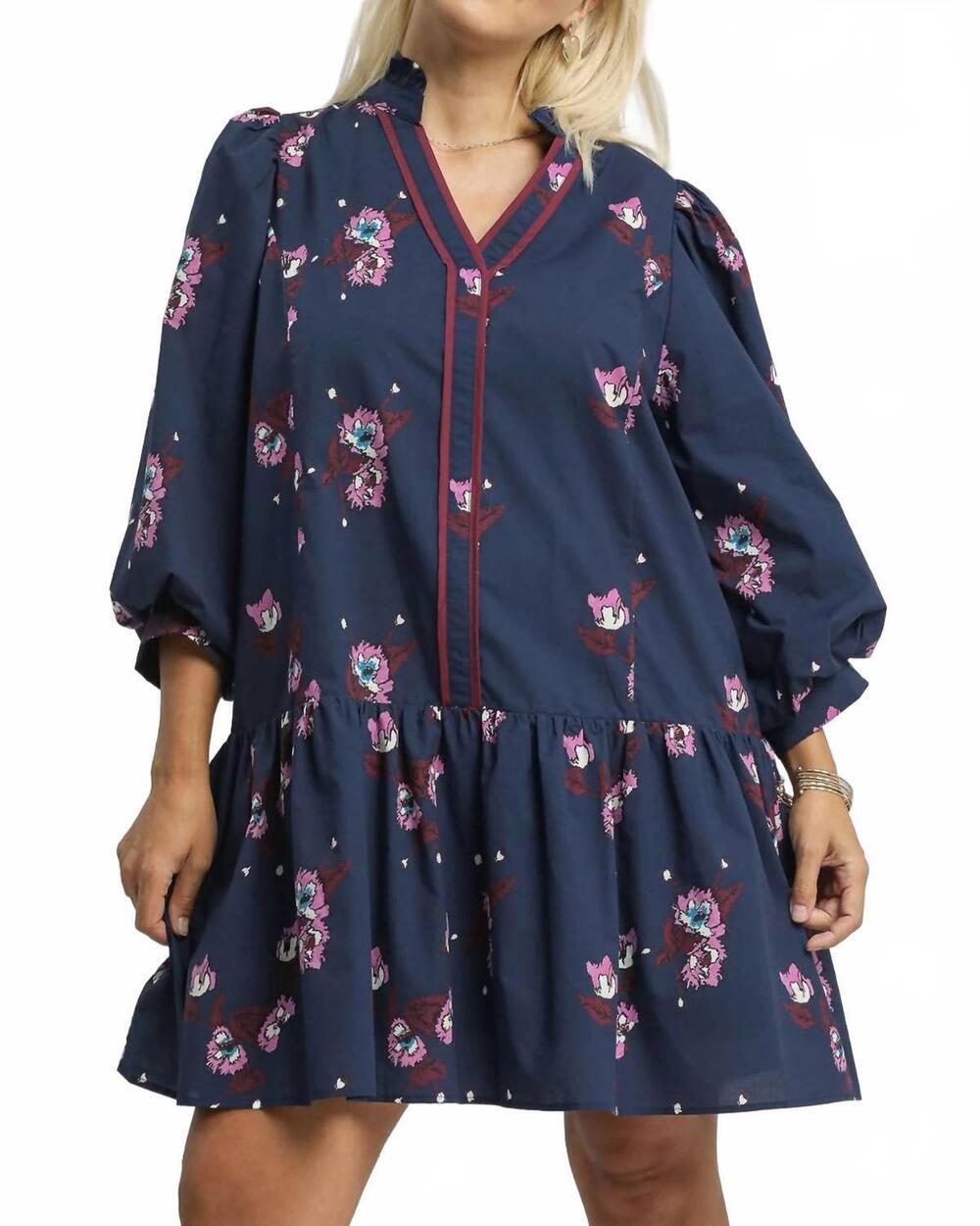 NEW UMGEE floral mini dress with puff sleeves in navy